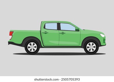 Vector illustration of pickup truck side view. Illustration car in cartoon flat style. Truck double cabin modern transportation. Large vehicle automotive technology