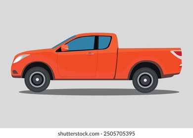 Vector illustration of pickup truck side view. Illustration car in cartoon flat style. Truck double cabin modern transportation. Large vehicle automotive technology