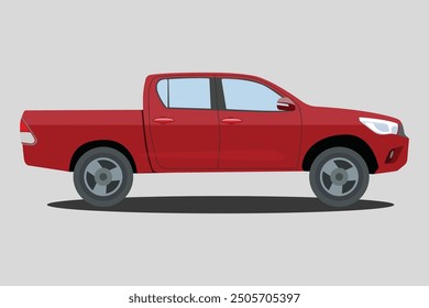 Vector illustration of pickup truck side view. Illustration car in cartoon flat style. Truck double cabin modern transportation. Large vehicle automotive technology