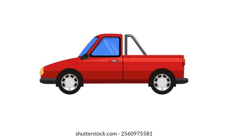 Vector illustration of pickup truck side view. Illustration car in cartoon flat style. Truck single cabin modern transportation. Large vehicle automotive technology