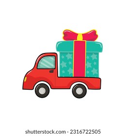 vector illustration pickup truck's carrying big gift box