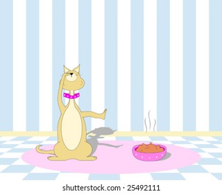 Vector Illustration Of A Picky Cat Holding It's Nose At A Bowl Of Food.