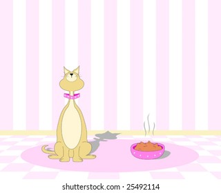 Vector Illustration Of A Picky Cat Turning Up It's Nose At A Bowl Of Food.