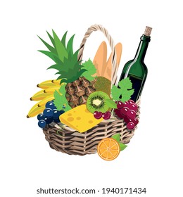 Vector illustration of a picnic basket with a bottle of wine, grapes, pineapple, kiwi, cheese, cherries, bananas, bread and orange isolated on a white background.