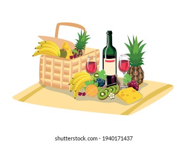 Vector illustration of a picnic basket with a bottle of wine, grapes, pineapple, kiwi, cheese, cherries, bananas, bread and orange isolated on a white background.