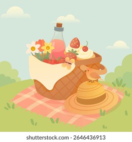 Vector Illustration of Picnic Basket with Flowers, Cupcakes and Juice on a Checkered Blanket in Summer Nature