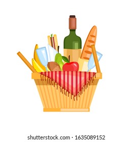 Vector illustration with picnic basket isolated on white. Stock flat icon with wine, baguette, glasses, sandwich, fruit and blanket. Outdoor meal design elements in cartoon style.