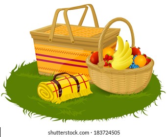 Vector illustration of a picnic basket rug and fruit basket.