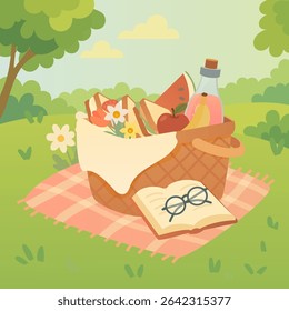 Vector Illustration of Picnic Basket with Sandwiches, Fruits, Juice and Flowers on Summer Meadow