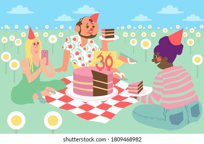 Vector Illustration of a Picnic between three people celebrating a 30th year aniversary