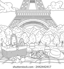 Vector illustration, picnic at the Eiffel tower in the park, coloring book