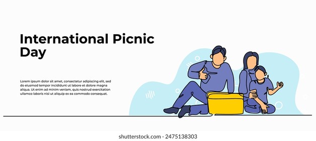 Vector illustration of picnic with family. Modern flat in continuous line style.