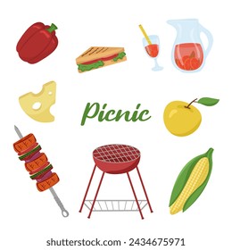 Vector illustration of picnic food and drinks. Colored barbecue card. Family weekend items. BBQ elements. Image of vegetables, fruits, drinks and picnic items.