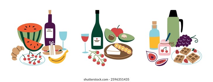Vector illustration of picnic food with fruits, bread, wine, tea, and snacks. Fresh and delicious meals for outdoor gatherings and summer parties. Picnic compositions set in flat cartoon style