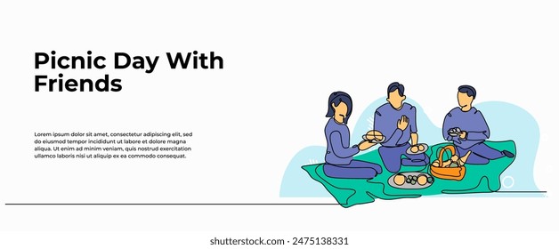 Vector illustration of picnic with friends. Modern flat in continuous line style.