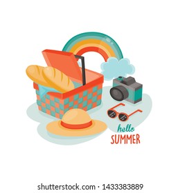Vector illustration picnic item in summer. Summer greeting card