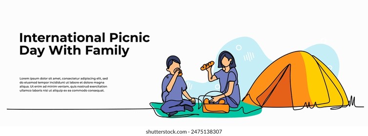 Vector illustration of picnic with my son. Modern flat in continuous line style.