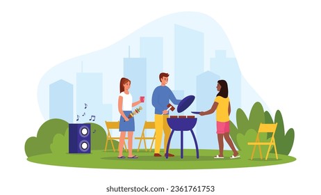 Vector illustration of a picnic in nature outside the city. Cartoon scene with a boy and girls in nature grilling meat on a barbecue grill, chairs, a speaker with music, bushes, silhouettes of houses.