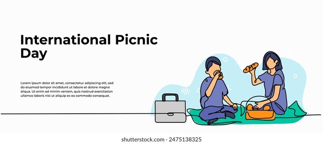 Vector illustration of picnic with older sister. Modern flat in continuous line style.