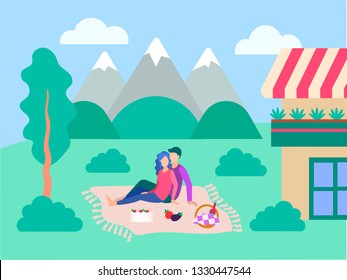 Vector illustration of a picnic on the lawn near the house. Young people dine on a mountain landscape. The concept of a happy family and outdoor recreation.