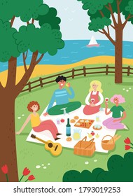 Vector illustration of picnic outdoor weekend with friends in park. Vertical advertising poster with young trendy people, relax outdoors in cartoon flat style
