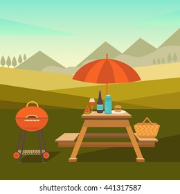 Vector illustration of a picnic in the park. Summer barbecues outdoors. Family weekend in nature. Collection of icons: barbecue grills, table with umbrella, basket, fruits, sandwich, wine and others.