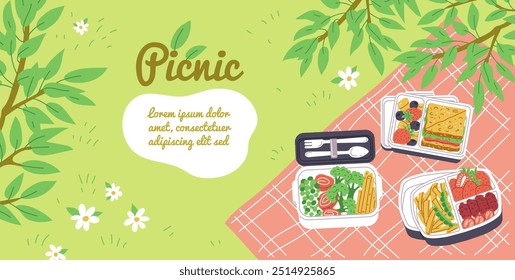 Ilustração vetorial de um piquenique no parque com toalha de mesa e uma caixa de bento, que inclui legumes, frutas, bagas e carne. Almoço de verão ao ar livre.