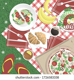 Vector illustration of picnic. Pizza in a box, toasts, vegetables, bananas, croissants,tea, coffee, napkins, checkered cloth. Flip flops on the grass. Top view.