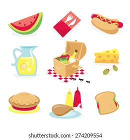 A vector illustration of picnic related icons. Included in this set:- watermelon, cutlery, hot dog, pitcher of lemonade, picnic basket, cheese and olive, pie, drumstick and condiment and sandwich.