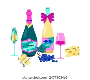 Vector illustration of a picnic set with bottles of champagne and wine, a stopper with muselet, glasses, cheese and grapes,. Elegant icons for design in restaurants