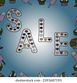Vector illustration. Picture in blue, white and neutral colors. Seamless pattern. Lettering. Special Sale Banner or Sale Poster Design.