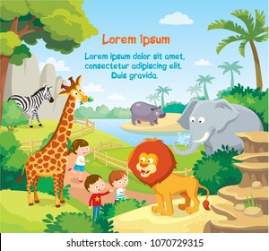 Vector illustration picture of cildren kids in zoo with wildlife animals lion giraffe zebra elefant hippopotamus.