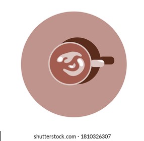 vector illustration of picture of coffee, view from above. Round picture, badge or emblem