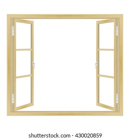 Vector illustration picture drawing glass window with wooden shutters open. Isolated on white background. Window frame with casement. 