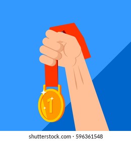 Vector illustration with a picture of a hand raised up and holding a winner medal