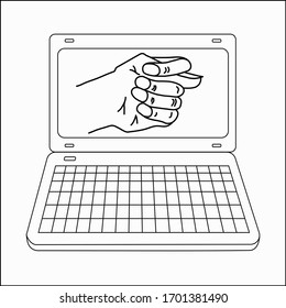 Vector illustration or picture of isolated  open laptop, pc, notebook or computer on the white background with fico or fig gesture drawn by means of black lines on display or screen