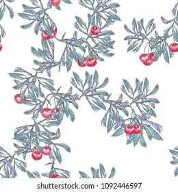 Vector illustration. The picture is made on a digital graphic tablet. Seamless pattern of a branch with cherries on a white background.