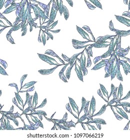 Vector illustration. The picture is made on a digital graphic tablet. Seamless pattern of a branch with  leaves  on a white background.