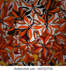 Vector illustration. Picture on orange, black and white colors. Fashion nice fabric design. Decorative hand drawn butterflies.