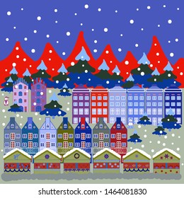 Vector illustration. Picture on red, blue and gray colors. Can be printed and used as wrapping paper, wallpaper, textile, fabric, etc. Vector with houses and wild forest life with mountans.