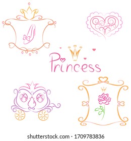 Vector illustration, picture, set of beautiful romantic royal fairytale elements for princesses, girls, ornate vintage frames, inscription princess, crowns, hearts, patterns, slipper, flower, carriage