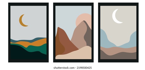 Vector illustration. The picture shows a view of the mountains, the river, the hills, the sun, the moon. Abstract design concept. Set of three posters. Ideal as pictures, screensavers and covers.