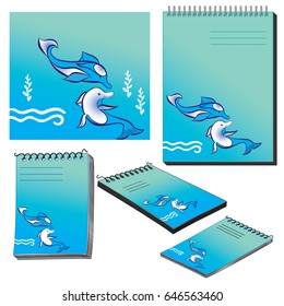 Vector illustration. Picture of two dolphins and waves on the cover of the notebook. Template to print at all accessories, stickers and other accessories.