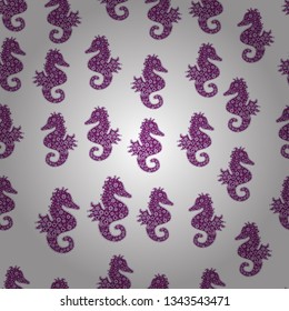 Vector illustration. Pictures in white, purple and gray colors. Sea Horse. Abstract seamless pattern for wallpaper, clothes, boys, girls. In vintage style.