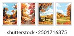 Vector illustration of a picturesque autumn landscape with colorful foliage, fallen leaves, and a serene forest scene. Perfect for seasonal decor, posters, and nature-themed designs.