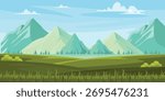 Vector illustration of a picturesque mountain landscape. Cartoon scene, beautiful mountains of different heights, small fir trees, rivers, green valleys, bushes, grass, blue sky, white clouds.