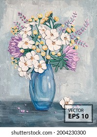 vector illustration, a picturesque still life with a vase and a bouquet of flowers in gray-blue colors. Texture painting with brush strokes