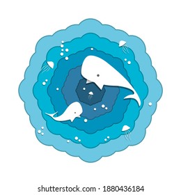 Vector illustration with picure of sea whale underwater. Paper cut style