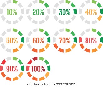 Gráficos circulares de ilustraciones vectoriales de porcentajes. ciclo completo al 100%. Progreso hasta el 100%.