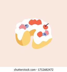 Vector illustration pie covered white glaze with blueberries and strawberries, cherry fruits